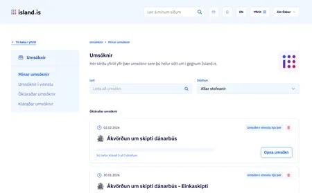 Yfirlit yfir umsóknir á Mínum síðum á Ísland.is